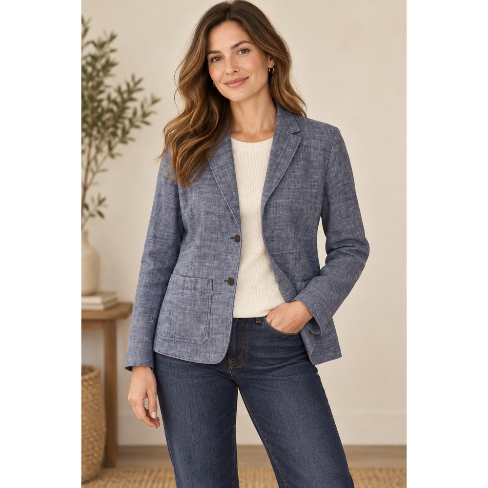 Eddie Bauer Blazer Women 16 Blue Herringbone Cotton Two Button Patch Pocket Coat